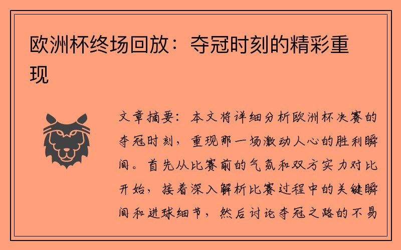 欧洲杯终场回放:夺冠时刻的精彩重现