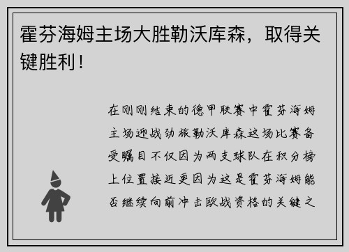 霍芬海姆主场大胜勒沃库森，取得关键胜利！