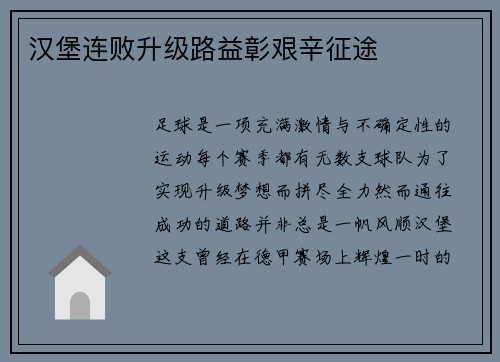 汉堡连败升级路益彰艰辛征途